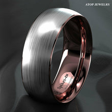 Load image into Gallery viewer, Tungsten Rings for Men Wedding Bands for Him Womens Wedding Bands for Her 8mm Silver Brushed Rose Gold Inlay - Jewelry Store by Erik Rayo
