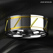 Load image into Gallery viewer, Tungsten Rings for Men Wedding Bands for Him Womens Wedding Bands for Her 8mm Silver Polish 18K Gold Line Inlay - Jewelry Store by Erik Rayo
