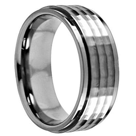 Tungsten Rings for Men Wedding Bands for Him Womens Wedding Bands for Her 8mm Silver Step Edge Hammered Center - Jewelry Store by Erik Rayo