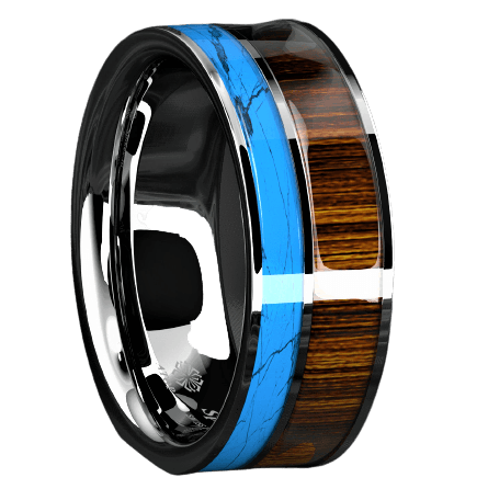 Men's Silver Turquoise & Koa Wood Wedding Band Ring - Men's Wedding Rings - Women's Wedding Rings