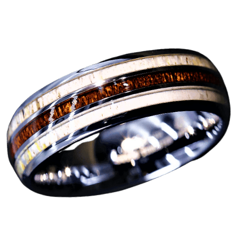 Tungsten Rings for Men Wedding Bands for Him Womens Wedding Bands for Her 8mm Silver With Antler Koa Wood - Jewelry Store by Erik Rayo