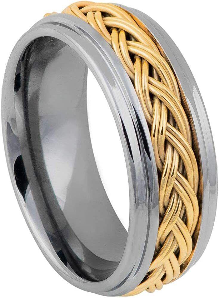 Tungsten Rings for Men Wedding Bands for Him Womens Wedding Bands for Her 8mm Step Edge High Polished with Yellow Gold - Jewelry Store by Erik Rayo
