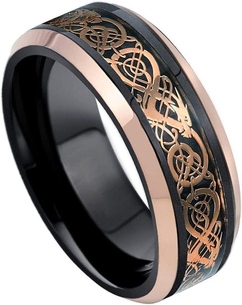 Tungsten Rings for Men Wedding Bands for Him Womens Wedding Bands for Her 8mm Two-Tone Black & Rose Gold IP Plated - Jewelry Store by Erik Rayo