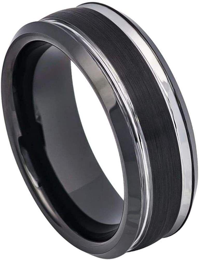 Tungsten Rings for Men Wedding Bands for Him Womens Wedding Bands for Her 8mm Two-Tone Black IP Brushed Center Steel - Jewelry Store by Erik Rayo