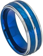 Load image into Gallery viewer, Tungsten Rings for Men Wedding Bands for Him Womens Wedding Bands for Her 8mm Two-Tone Blue IP Plated Hammered Finish - ErikRayo.com
