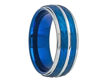 Load image into Gallery viewer, Tungsten Rings for Men Wedding Bands for Him Womens Wedding Bands for Her 8mm Two-Tone Blue IP Plated Hammered Finish - ErikRayo.com
