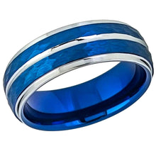 Load image into Gallery viewer, Tungsten Rings for Men Wedding Bands for Him Womens Wedding Bands for Her 8mm Two-Tone Blue IP Plated Hammered Finish - Jewelry Store by Erik Rayo
