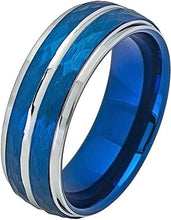 Load image into Gallery viewer, Tungsten Rings for Men Wedding Bands for Him Womens Wedding Bands for Her 8mm Two-Tone Blue IP Plated Hammered Finish - Jewelry Store by Erik Rayo
