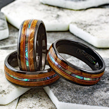 Load image into Gallery viewer, Mens Wedding Band Rings for Men Wedding Rings for Womens / Mens Rings Whiskey Barrel Wood Abalone Dual Guitar String Ring - Jewelry Store by Erik Rayo
