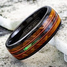 Load image into Gallery viewer, Mens Wedding Band Rings for Men Wedding Rings for Womens / Mens Rings Whiskey Barrel Wood Abalone Dual Guitar String Ring - Jewelry Store by Erik Rayo
