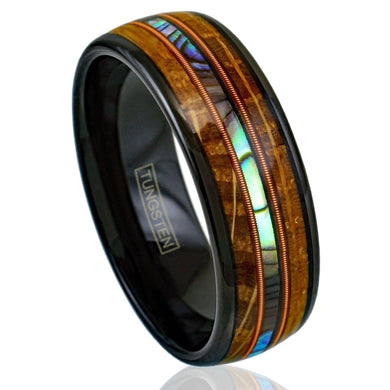Engagement Rings for Women Mens Wedding Bands for Him and Her Promise / Bridal Mens Womens Rings Whiskey Barrel Wood Abalone Dual Guitar String Ring - Jewelry Store by Erik Rayo
