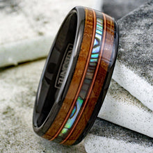 Load image into Gallery viewer, Mens Wedding Band Rings for Men Wedding Rings for Womens / Mens Rings Whiskey Barrel Wood Abalone Dual Guitar String Ring - Jewelry Store by Erik Rayo
