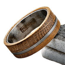 Load image into Gallery viewer, Tungsten Rings for Men Wedding Bands for Him Womens Wedding Bands for Her 8mm With Whiskey Barrel Wood Brushed Stripe - Jewelry Store by Erik Rayo
