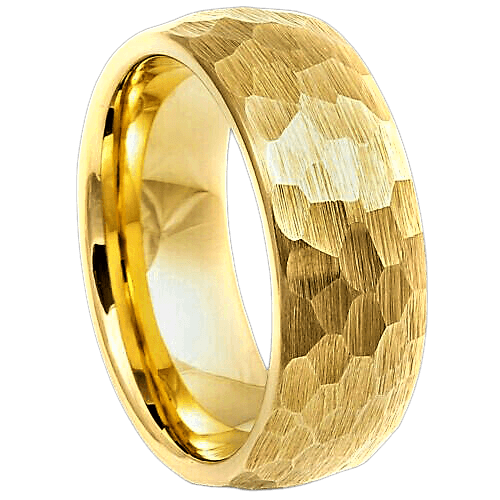 Tungsten Rings for Men Wedding Bands for Him Womens Wedding Bands for Her 8mm Yellow Gold Hammered Brush Dome - Jewelry Store by Erik Rayo