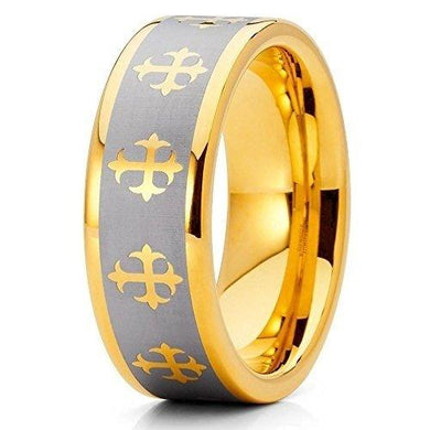 Tungsten Rings for Men Wedding Bands for Him Womens Wedding Bands for Her 8mm Yellow Gold Tone IP Crosses - Jewelry Store by Erik Rayo