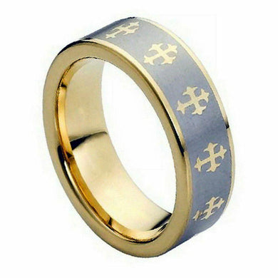 Mens Wedding Band Rings for Men Wedding Rings for Womens / Mens Rings Yellow Gold Tone IP Crosses - Jewelry Store by Erik Rayo