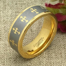 Load image into Gallery viewer, Tungsten Rings for Men Wedding Bands for Him Womens Wedding Bands for Her 8mm Yellow Gold Tone IP Crosses - ErikRayo.com
