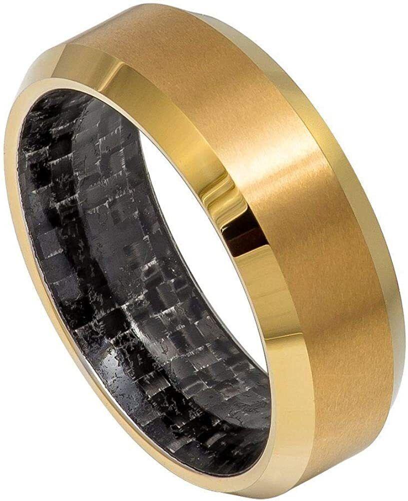 Tungsten Rings for Men Wedding Bands for Him Womens Wedding Bands for Her 8mm Yellow Gold Tone IP Plated with Black - Jewelry Store by Erik Rayo