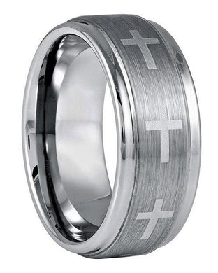 Tungsten Rings for Men Wedding Bands for Him Womens Wedding Bands for Her 9mm Stepped Edge Brushed Center with Crosses - Jewelry Store by Erik Rayo