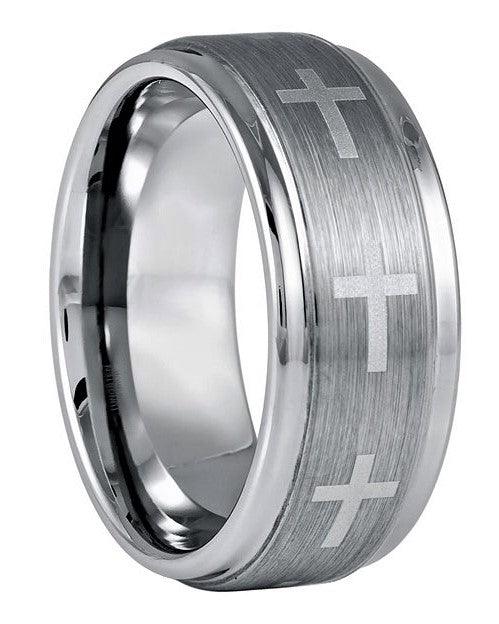 Tungsten Rings for Men Wedding Bands for Him Womens Wedding Bands for Her 9mm Stepped Edge Brushed Center with Crosses - ErikRayo.com