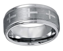 Load image into Gallery viewer, Tungsten Rings for Men Wedding Bands for Him Womens Wedding Bands for Her 9mm Stepped Edge Brushed Center with Crosses - ErikRayo.com

