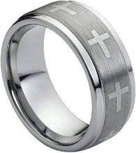 Load image into Gallery viewer, Tungsten Rings for Men Wedding Bands for Him Womens Wedding Bands for Her 9mm Stepped Edge Brushed Center with Crosses - Jewelry Store by Erik Rayo
