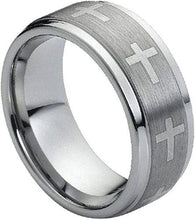 Load image into Gallery viewer, Mens Wedding Band Rings for Men Wedding Rings for Womens / Mens Rings 9mm Stepped Edge Brushed Center with Crosses - Jewelry Store by Erik Rayo
