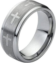 Load image into Gallery viewer, Tungsten Rings for Men Wedding Bands for Him Womens Wedding Bands for Her 9mm Stepped Edge Brushed Center with Crosses - Jewelry Store by Erik Rayo
