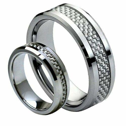 Tungsten Rings for Men Wedding Bands for Him Womens Wedding Bands for Her Set of 2 8mm Beveled Edge Gray Carbon Fiber - ErikRayo.com