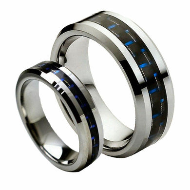 Tungsten Rings for Men Wedding Bands for Him Womens Wedding Bands for Her Set of 2 8mm Blue Black Carbon Fiber - Jewelry Store by Erik Rayo