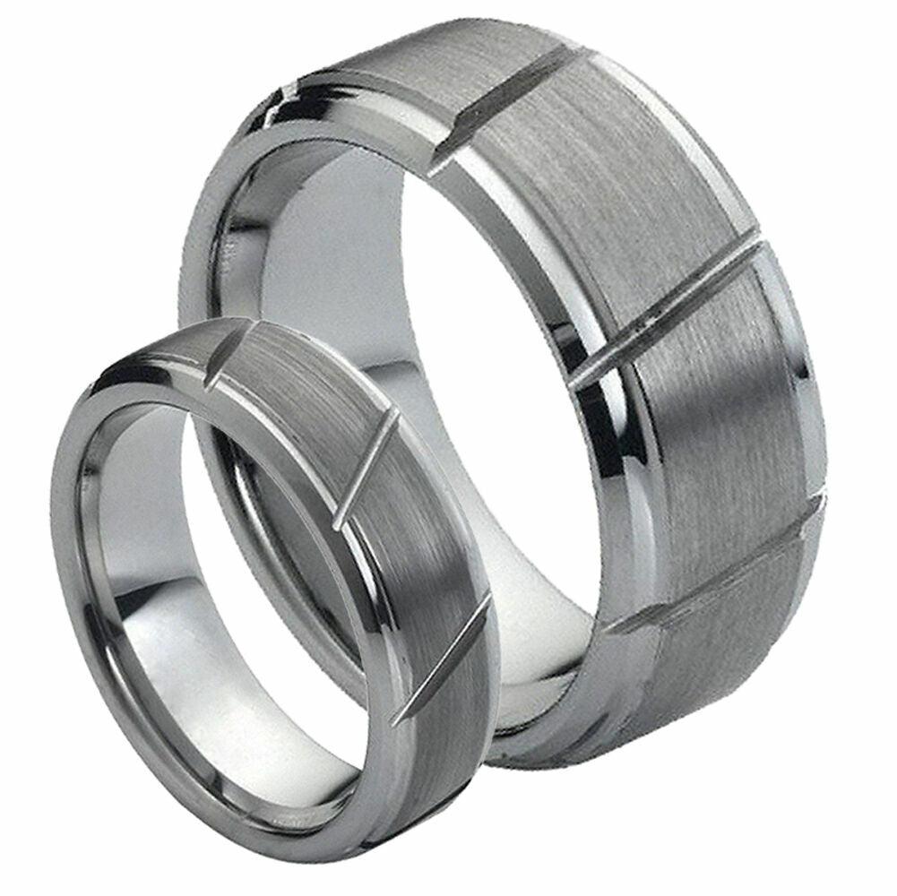 Tungsten Rings for Men Wedding Bands for Him Womens Wedding Bands for Her Set of 2 8mm Brushed Diagonal Cuts - Jewelry Store by Erik Rayo