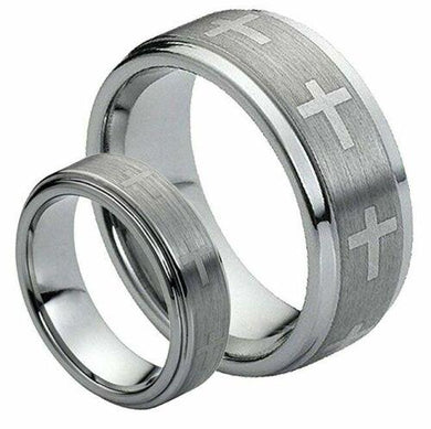 Tungsten Rings for Men Wedding Bands for Him Womens Wedding Bands for Her Set of 2 8mm Cross Center - Jewelry Store by Erik Rayo