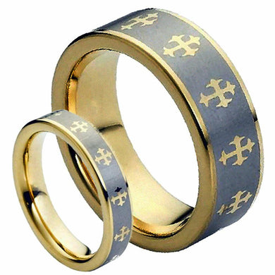 Mens Wedding Band Rings for Men Wedding Rings for Womens / Mens Rings Set of 2 8mm Gold with Crosses - Jewelry Store by Erik Rayo