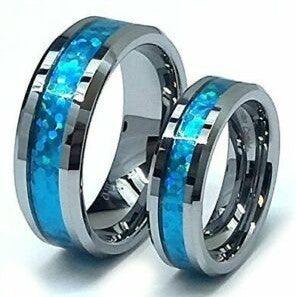 Tungsten Rings for Men Wedding Bands for Him Womens Wedding Bands for Her Set of 2 8mm Hawaiian Opal Blue Inlay - ErikRayo.com