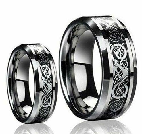 Tungsten Rings for Men Wedding Bands for Him Womens Wedding Bands for Her Set of 2 8mm Loyal Celtic Knot Dragon in Silver - Jewelry Store by Erik Rayo