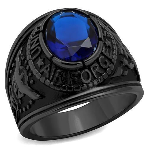 US Air Force Ring for Men and Women Unisex 316L Stainless Steel Military Patriotic Ring in Black with Blue Stone Sapphire - Jewelry Store by Erik Rayo