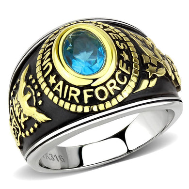 Air Force Ring Class Ring for Men and Women Unisex Stainless Steel Military in Black and Gold with Blue Aquamarine Stone Rock - Jewelry Store by Erik Rayo