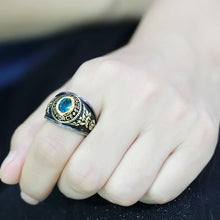 Load image into Gallery viewer, US Air Force Ring for Men and Women Unisex Stainless Steel Military Patriotic Ring in Black and Gold with Blue Aquamarine Stone Rock - Jewelry Store by Erik Rayo
