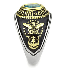 Load image into Gallery viewer, Air Force Ring Class Ring for Men and Women Unisex Stainless Steel Military in Black and Gold with Blue Aquamarine Stone Rock - Jewelry Store by Erik Rayo
