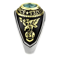 Load image into Gallery viewer, US Air Force Ring for Men and Women Unisex Stainless Steel Military Patriotic Ring in Black and Gold with Blue Aquamarine Stone Rock - Jewelry Store by Erik Rayo
