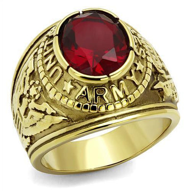 US Army Ring for Men and Women Unisex Stainless Steel Military Patriotic Ring in Gold with Red Stone Rock - Jewelry Store by Erik Rayo
