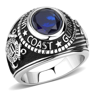 Silver US Coast Guard Ring for Men and Women Unisex Stainless Steel Military Class Ring with Blue Stone - Jewelry Store by Erik Rayo