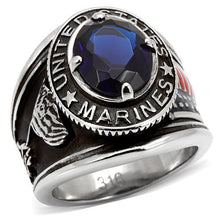 Load image into Gallery viewer, US Marines Ring for Men and Women Unisex Stainless Steel Military Patriotic Ring in Silver with Blue Stone Rock - Jewelry Store by Erik Rayo
