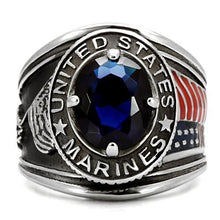 Load image into Gallery viewer, US Marines Ring for Men and Women Unisex Stainless Steel Military Patriotic Ring in Silver with Blue Stone Rock - Jewelry Store by Erik Rayo
