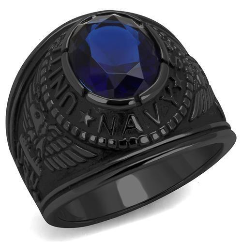 US Navy Ring for Men and Women Unisex 316L Stainless Steel Military Patriotic Ring in Black with Blue Stone Rock - Jewelry Store by Erik Rayo