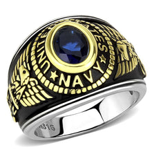 Load image into Gallery viewer, USN Navy Ring for Men and Women Unisex Stainless Steel Military Class Ring in Black Gold with Blue Stone - Jewelry Store by Erik Rayo
