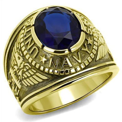 US Navy Ring for Men and Women Unisex Stainless Steel Military Patriotic Ring in Gold with Blue Stone - Jewelry Store by Erik Rayo