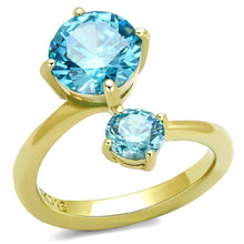 Load image into Gallery viewer, Womans Gold Aquamarine Ring Anillo Para Mujer y Ninos Unisex Kids 316L Stainless Steel Ring with AAA Grade CZ in Sea Blue Natalie - Jewelry Store by Erik Rayo
