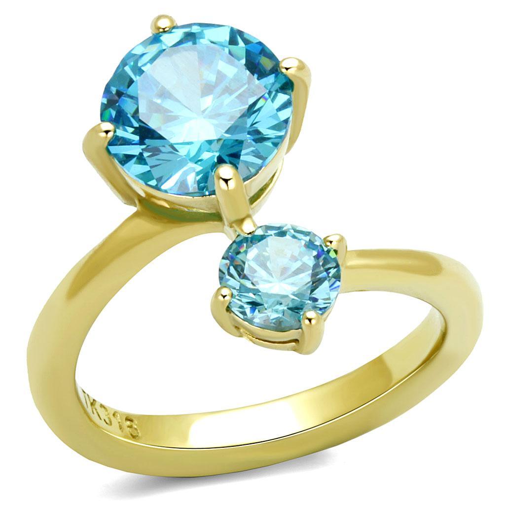 Womans Gold Aquamarine Ring Anillo Para Mujer Stainless Steel Ring with AAA Grade CZ in Sea Blue Natalie - Jewelry Store by Erik Rayo