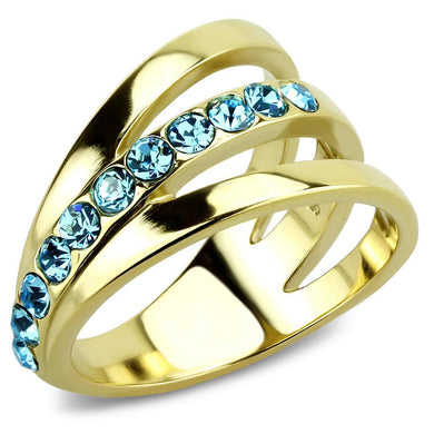 Womans Gold Aquamarine Ring Triple 316L Stainless Steel Anillo Azul Color Oro Para Mujer Acero Inoxidable - Jewelry Store by Erik Rayo